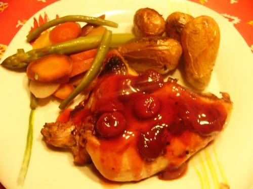 Poulets de cornouailles aux cerises et au porto